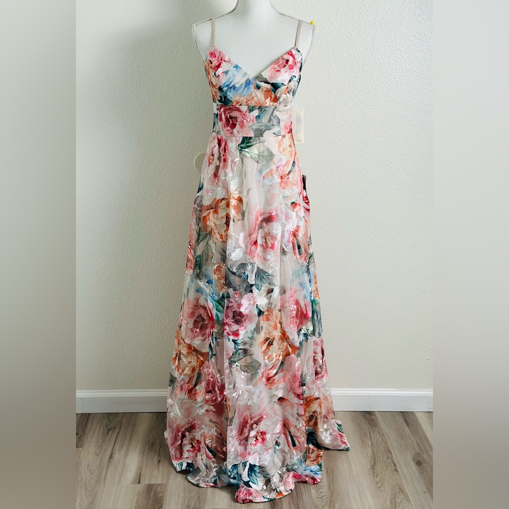 Eliza J floral Print Embroidered Mesh Gown Size 2 - Picture 3 of 11